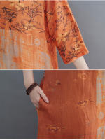 Novedad de verano, vestido de lino estampado ligero artístico Vintage, vestido largo informal adelgazante de corte recto de manga media para mujer - details 12