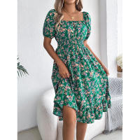 Primavera Verano 2025 Europeo y Americano Floral Cuello Cuadrado Manga Corta Cintura con Volantes Falda Línea A - details 27