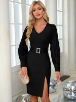 Vestido Ajustado Corset de Midi Línea A Cuello en V Manga Larga Diseño Curvy - details 16