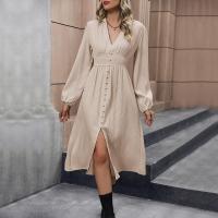 Vestido Elegante de Color Sólido para Mujer Primavera Otoño 2025 Cuello en V Manga Larga con Abertura Promoción - details 2