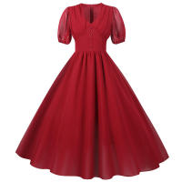 V neck women summer solid lantern short sleeve chiffon elegant vintage long party dress - details 2