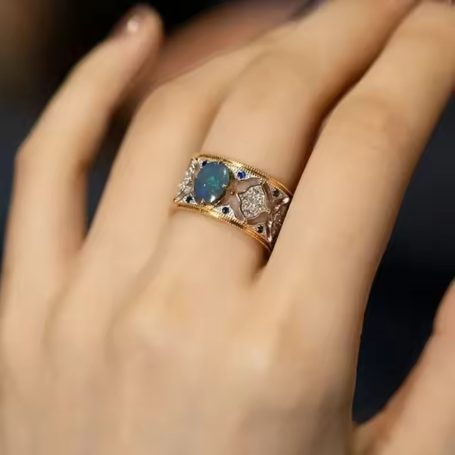 Anillos creativos de plata con incrustaciones de ópalo azul para mujer, diseño Vintage, anillo de compromiso hueco ancho, joyería - 1