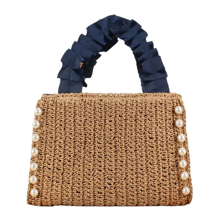 Nuevo estilo, banda de encaje de perlas japonesas, bolsa tejida de cuerda de papel hecha a mano, bolso de verano para mujer, bolsa de vacaciones tejida de cuerda de papel - 1