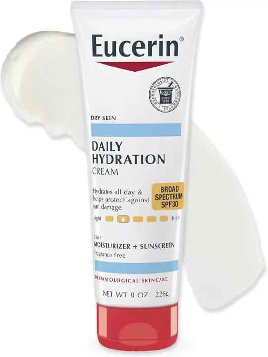 Eucerin Daily Hydration Crema corporal SPF 30 de amplio espectro para pieles secas, crema hidratante con protector solar sin fragancia, tubo de 8 oz - 1