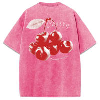 Camiseta de Mujer de Algodón con Estampado de Cerezas Cuello Redondo, Manga Corta, Moda Callejera Fresca y Delicada - details 21