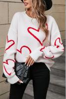 Suéteres de punto para mujer, Jersey holgado con estampado de corazón grande, cuello redondo, manga larga, estilo Harajuku coreano, blanco - details 9
