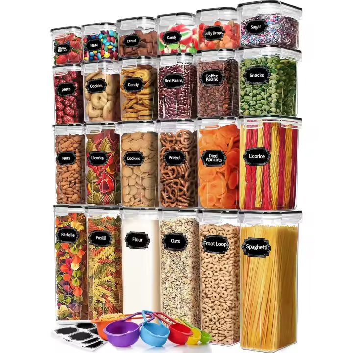 Skroam Paquete de 24 recipientes herméticos para almacenamiento de alimentos con tapas para organización y almacenamiento de despensa de cocina, juego de recipientes de plástico para cereales, pasta, - 1