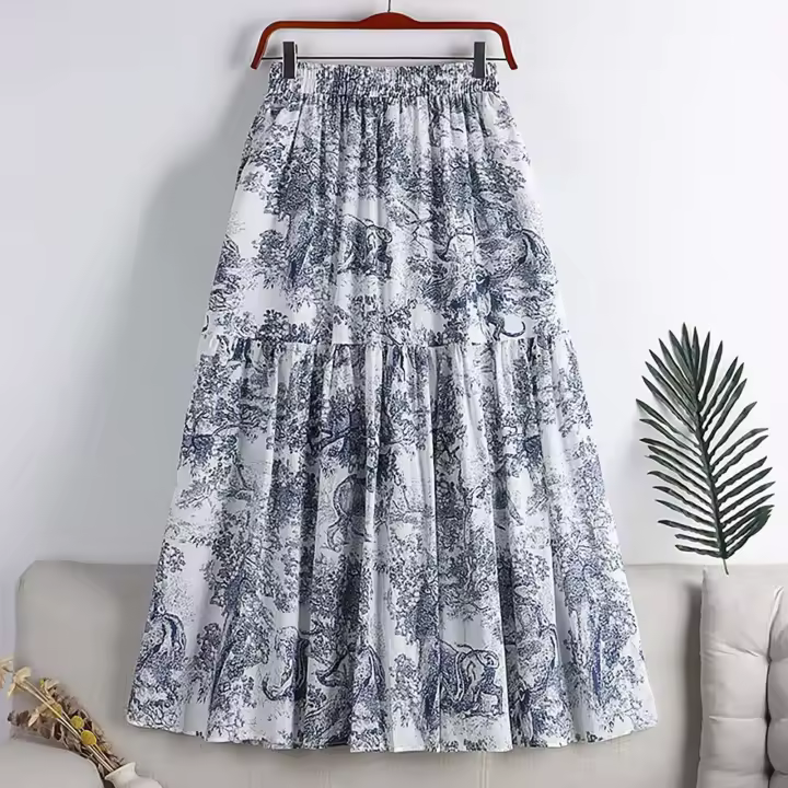 Estampado de tinta de algodón brillante para mujer, circunferencia de cintura vintage, longitud media, vestido de metal, primavera/verano - 1