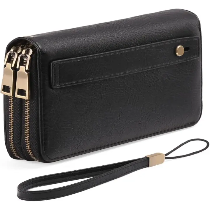Monederos para mujer, cartera de mano con doble cremallera para teléfono, con bloqueo RFID, de piel vegana, de gran capacidad, tarjetero largo con correa de mano - 1