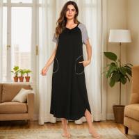 Camisón de algodón elástico de manga corta y largo con bloques de color y bolsillo para mujer, ropa de estar y pijama para primavera/verano - details 5