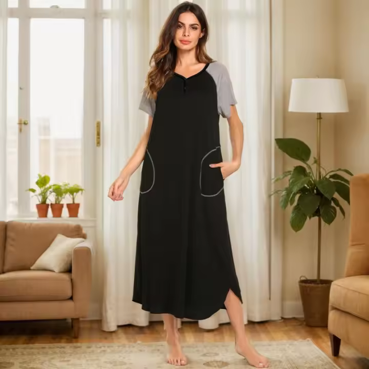 Camisón de algodón elástico de manga corta y largo con bloques de color y bolsillo para mujer, ropa de estar y pijama para primavera/verano - 1