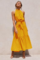 Vestido largo de mujer europea y americana 2025, nuevo vestido con cordones, estampado de lunares y cuello. - details 4
