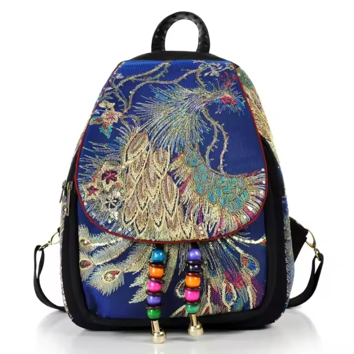 Mochila de lentejuelas de gran capacidad para mujer, bolso de lujo con bordado de pavo real, informal, de viaje - 1