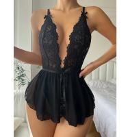 Traje sexy de encaje calado para mujer, traje suave y cómodo con lazo en V profundo, correa ajustable para el hombro, lencería de color sólido para mujer - details 4