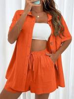 Conjunto de camisa de dos piezas de color sólido con pantalones cortos de moda para mujer, informal, suelto, manga corta, una sola fila - details 7