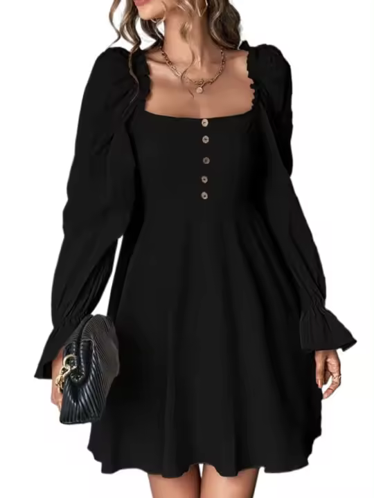Vestido elegante de estilo coreano con cuello cuadrado largo de color sólido para mujer - 1