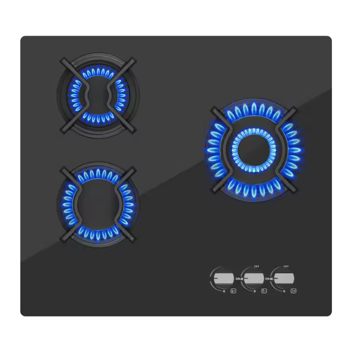 Campana de Gas de Vidrio WEHIMO de 3 Burneros 59 cm, 7750 W, 3 Zonas de Cocina, Adecuada para Todas las Ollas Instalación Integrada, Control de Pomo - 1