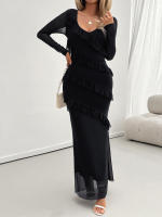 Vestido de malla con cuello en V, elegante y entallado, de manga larga para mujer, otoño invierno - details 25