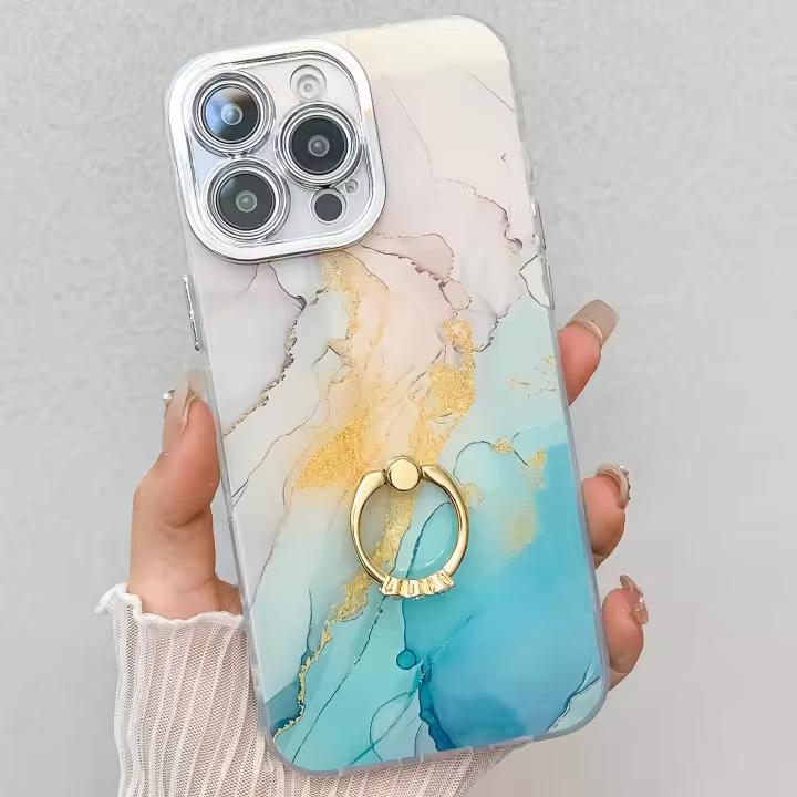 Funda con soporte de anillo para Apple iPhone 16 15 14 Pro Max, de mármol de alta calidad, IMD, PC, a prueba de golpes. - 1