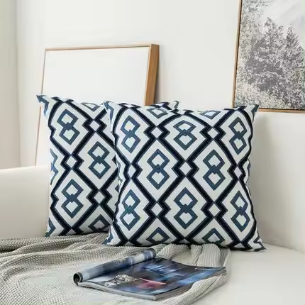 Funda de almohada bordada de algodón azul, cojín de decoración del hogar, bordado geométrico, hilo de ganchillo, sofá, cojín trasero - 1