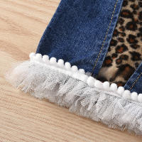 Verano, niños medianos y pequeños, niñas sin mangas con estampado de leopardo, traje de mezclilla rasgado casual. - details 3