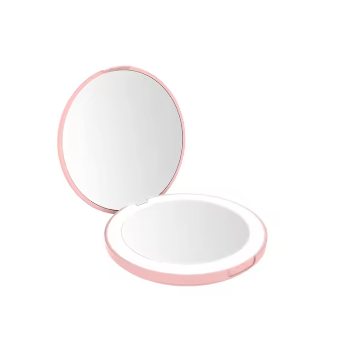 Espejo compacto con luz LED, espejo de maquillaje de viaje, espejos compactos de aumento para bolso, espejo de bolsillo pequeño redondo de 3,5 pulgadas, rosa - 1