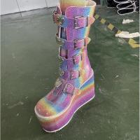 Cuñas góticas de moda para mujer, zapatos con hebilla de talla grande 43, botas de moto con plataforma gruesa rosa brillante, 2021 - details 7