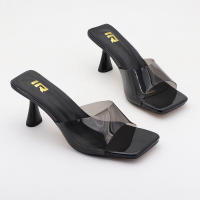 Sandalias de gran tamaño de color sólido versátiles de estilo coreano con tiras transparentes de punta cuadrada y tacones altos - details 3