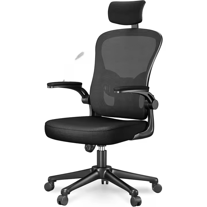 Silla de Escritorio Ergonómica con Reposacabezas Ajustable y Soporte Lumbar, Respaldo de Malla Transpirable, Reposabrazos Abatibles de 90 ° , Silla Giratoria de 360 ° - 1