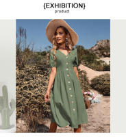 Vestido de verano de longitud media para mujer, vestido de color liso con cuello en V y manga corta - details 12