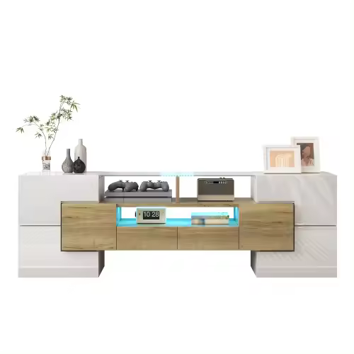 Mueble TV Elegante Tablero Bajo de Alta Brillo Blanco Diseño Moderno Superficie de Vidrio Luces LED - 1