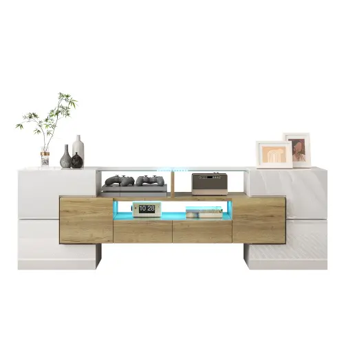 Mueble TV Elegante Tablero Bajo de Alta Brillo Blanco Diseño Moderno Superficie de Vidrio Luces LED - 1