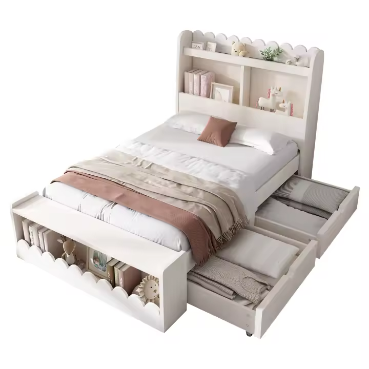 Cama de Niños de Madera Almacenamiento Individual con Cajones Estante y Banco 90x190 cm - 1