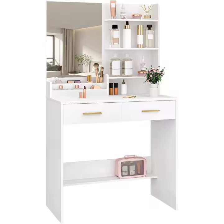 Maquillaje con Espejo Grande, tocador de Maquillaje con 4 estantes Abiertos y 2 Compartimentos, - 1