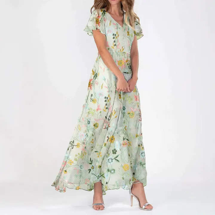 Vestido Elegante de Gasa Floral Francés Primavera-Verano Estampado de Alta Gama con Sabor a Lujo Sencillo - 1