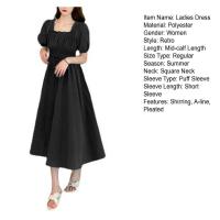Vestido de verano para mujer, fruncido plisado, cuello cuadrado, manga corta, manga de burbuja, vestido de mujer de Color sólido, vestido Midi con dobladillo suelto - details 16