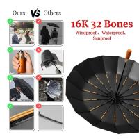 Paraguas plegable totalmente automático para hombres y mujeres, resistente al viento, 32 huesos, mango de madera, sombrillas impermeables para lluvia - details 7