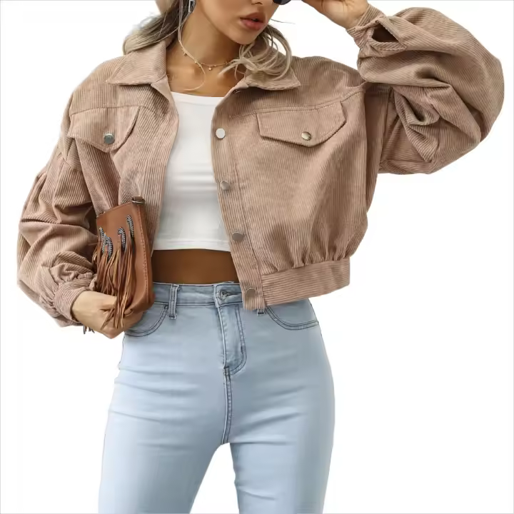 Chaqueta bomber corta con mangas farol, moda primavera vintage de pana. - 1