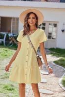 Vestido largo de algodón y lino para mujer, vestido de verano informal vintage con botones y cuello en V de manga corta suelta - details 2