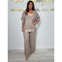 Conjunto de pantalón largo con cuello en V y ribete, informal, de talla grande, para mujer, artículo popular - details 7
