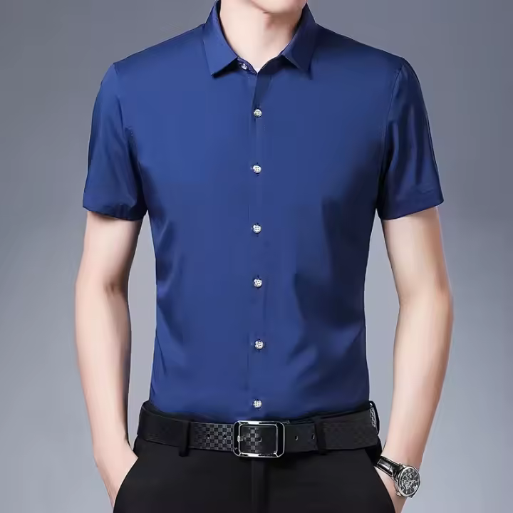 Camisa de manga corta de color sólido informal de negocios para hombres Top cómodo sin planchar - 1