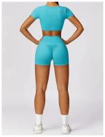 Conjunto de mallas de yoga, top, conjunto deportivo Fiess de manga corta, material de nailon para mujer, patrón sólido adaptable para primavera/verano - details 2