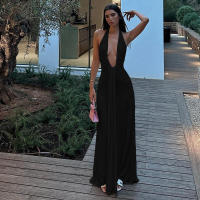 BUNO-Vestido largo sexi con escote Halter y escote en V profundo para mujer, vestido de noche elegante de retazos, vestido de noche liso ajustado sin mangas - details 11