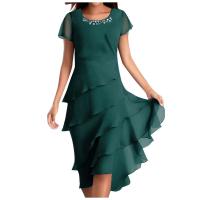Vestido de fiesta de noche elegante de verano con volantes de Color sólido plisado a la moda Dias Patchwork cuello redondo dobladillo oscilante - details 3