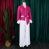 Conjunto de dos piezas de pantalón de pierna ancha plisado y top de manga acampanada de nueva moda de primavera para mujer D553 - details 4