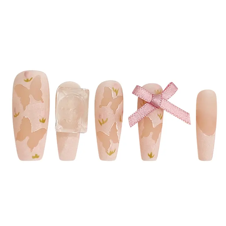 Uñas postizas de presión hechas a mano en color rosa mate con diseño coreano dulce de mariposa y lazo para mujeres y niñas - 1