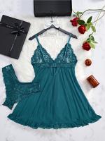 Conjunto de camisón de poliéster elástico de color sólido maduro 100g/m² Micro-Estiramiento, espalda en V profunda sin mangas con cinta y falda asimétrica, con encaje y tanga, para mujeres - details 6