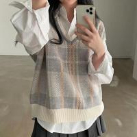 Chaleco de Cuadros Vintage Cuello en V, Ajuste Suelto, Moda Coreana de Punto para Mujer Otoño-Invierno - details 2