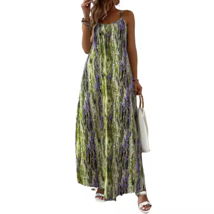 Vestido largo de verano sin mangas para mujer, ropa estampada vintage, elegante cuello en V para fiestas en la playa - 1