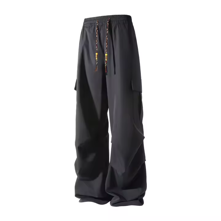 Pantalones casuales de secado rápido, pantalones de cintura elástica rectos sólidos plisados ​​con bolsillo lateral a la moda para hombres, pantalones sueltos de seda de hielo para uso diario - 1